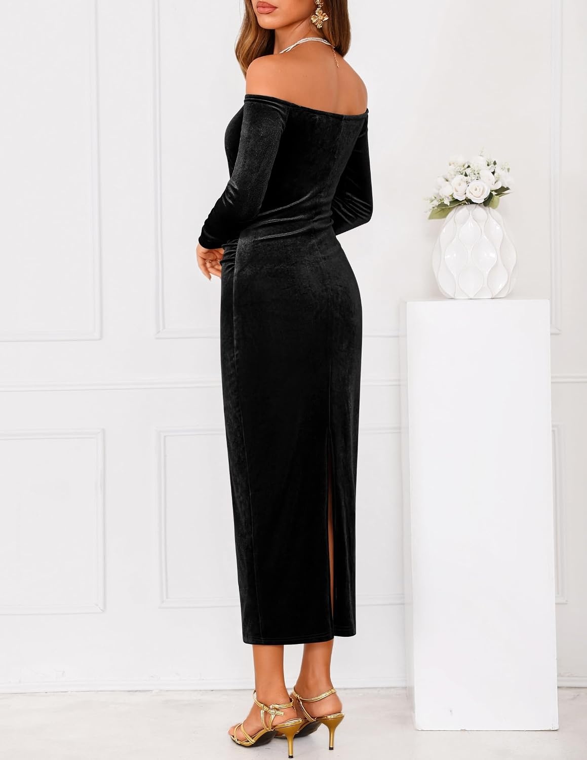 image:imageZESICA Womens Velvet Long Sleeve Off Shoulder Formal Bodycon Maxi DressBlack