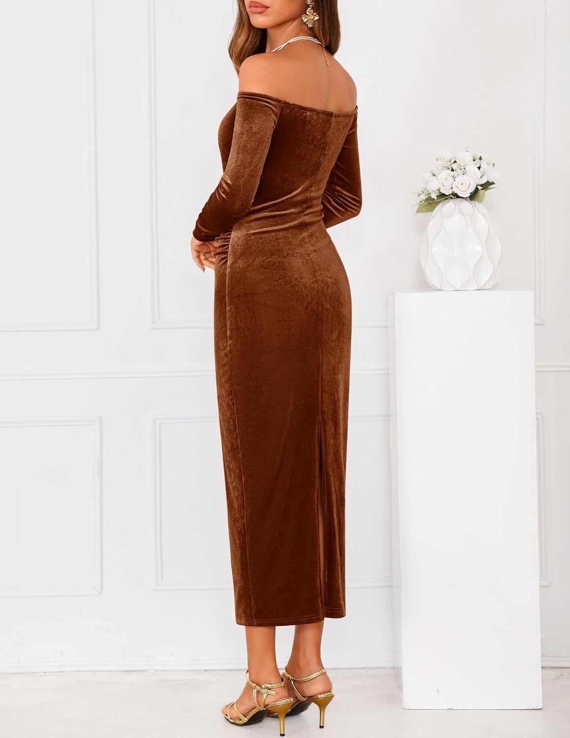 image:imageZESICA Womens Velvet Long Sleeve Off Shoulder Formal Bodycon Maxi DressBrown