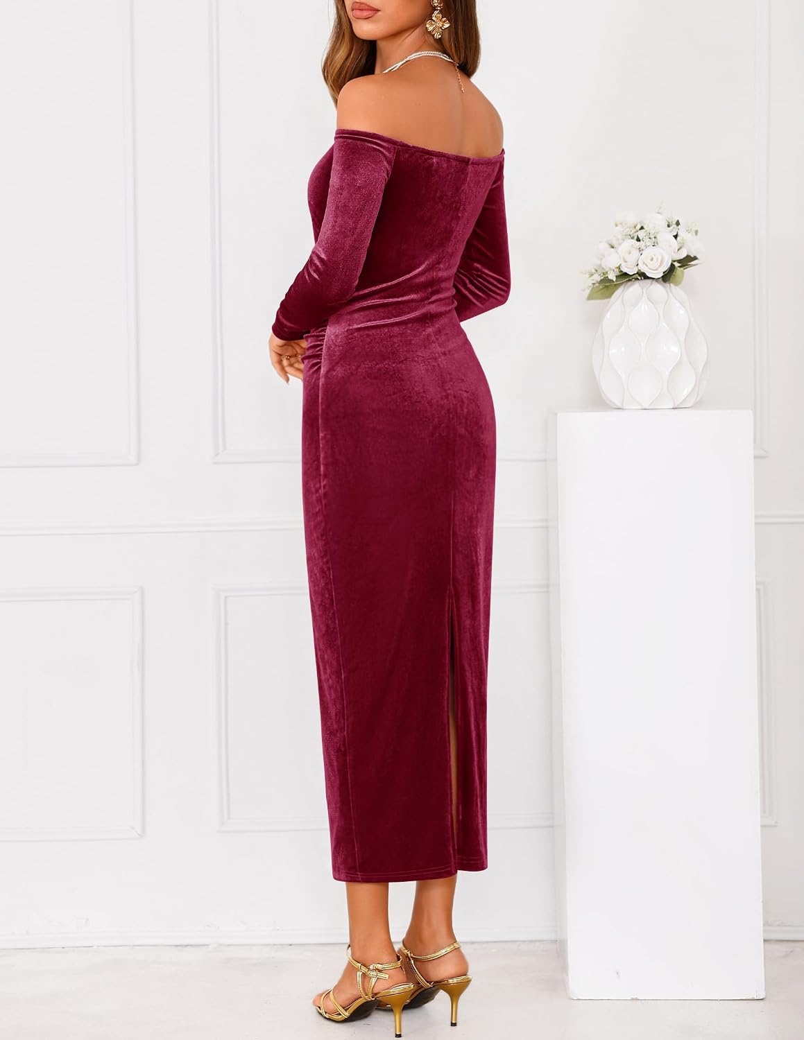image:imageZESICA Womens Velvet Long Sleeve Off Shoulder Formal Bodycon Maxi DressBurgundy