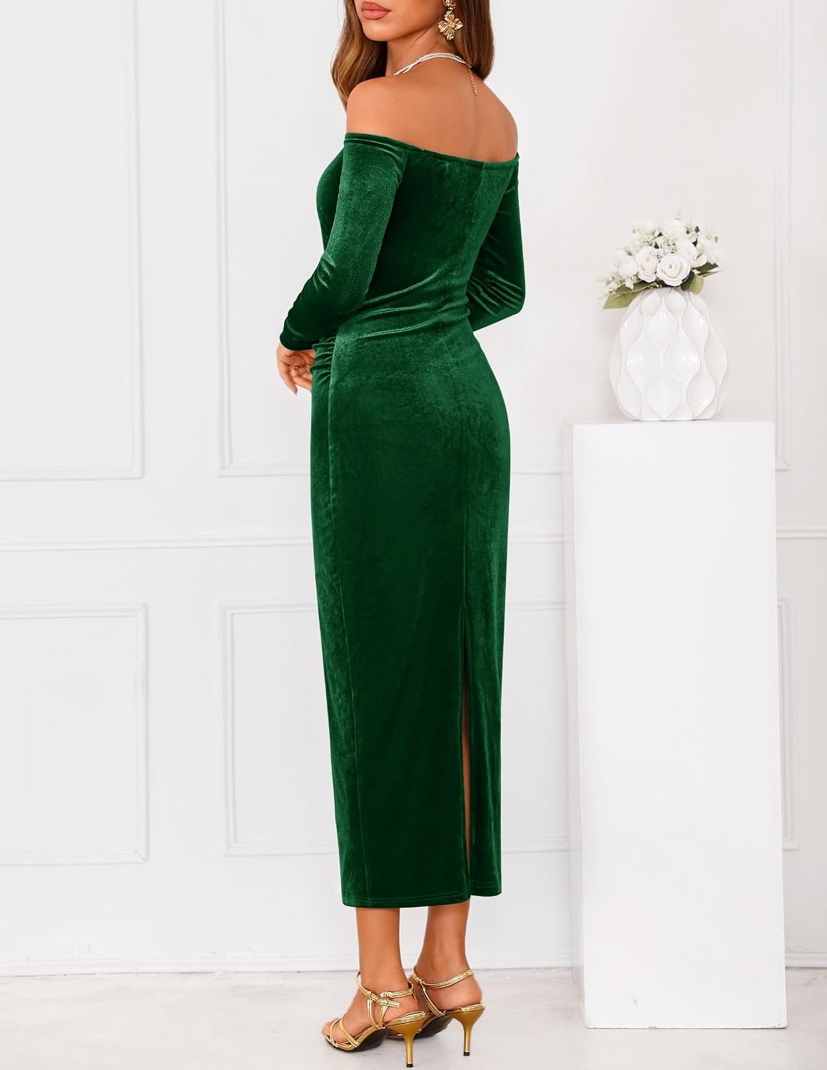 image:imageZESICA Womens Velvet Long Sleeve Off Shoulder Formal Bodycon Maxi DressGreen