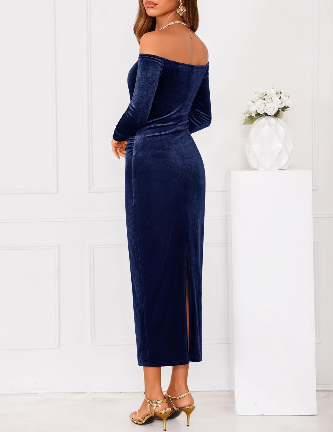 image:imageZESICA Womens Velvet Long Sleeve Off Shoulder Formal Bodycon Maxi DressNavy