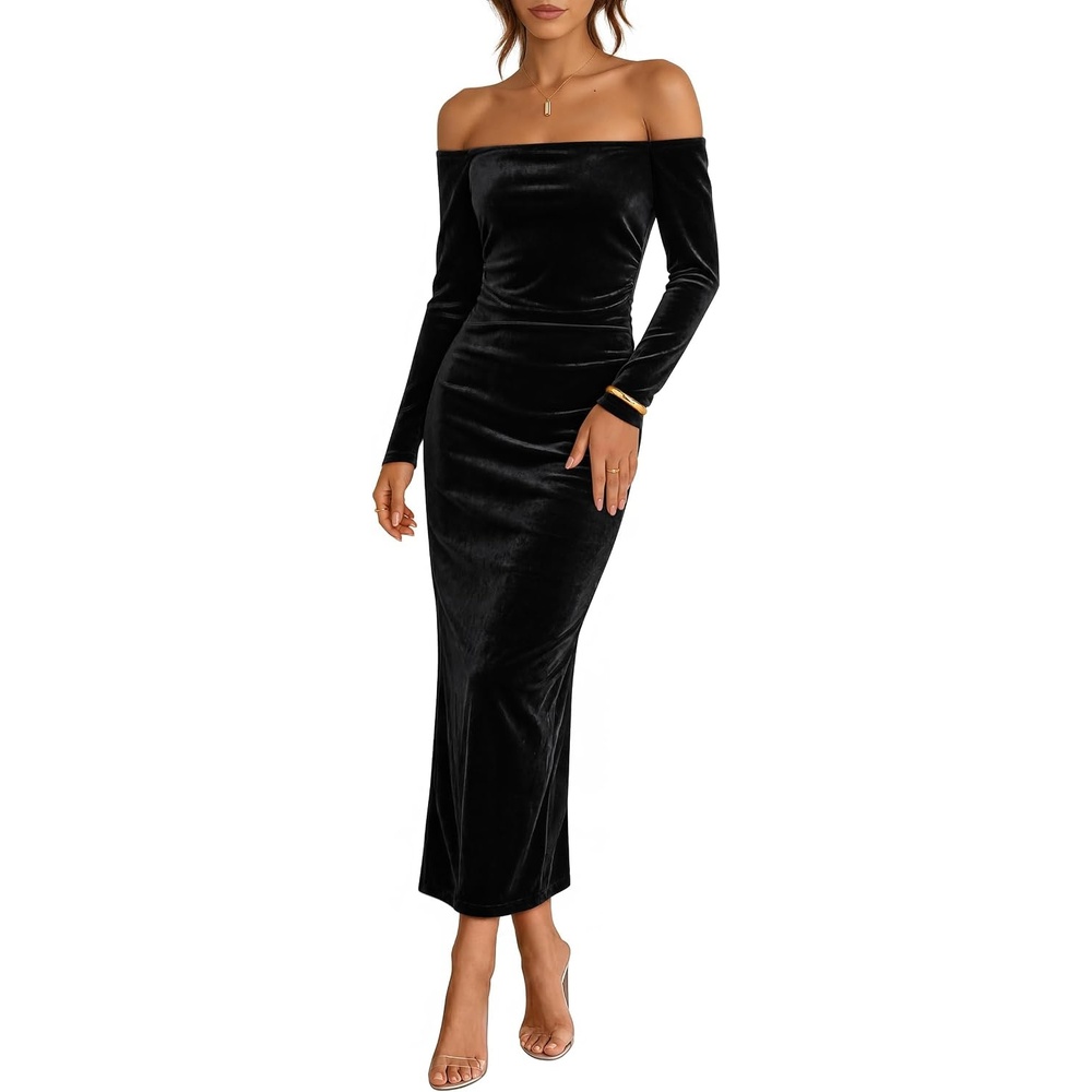 image:imageZESICA Womens Velvet Long Sleeve Off Shoulder Formal Bodycon Maxi DressBlack