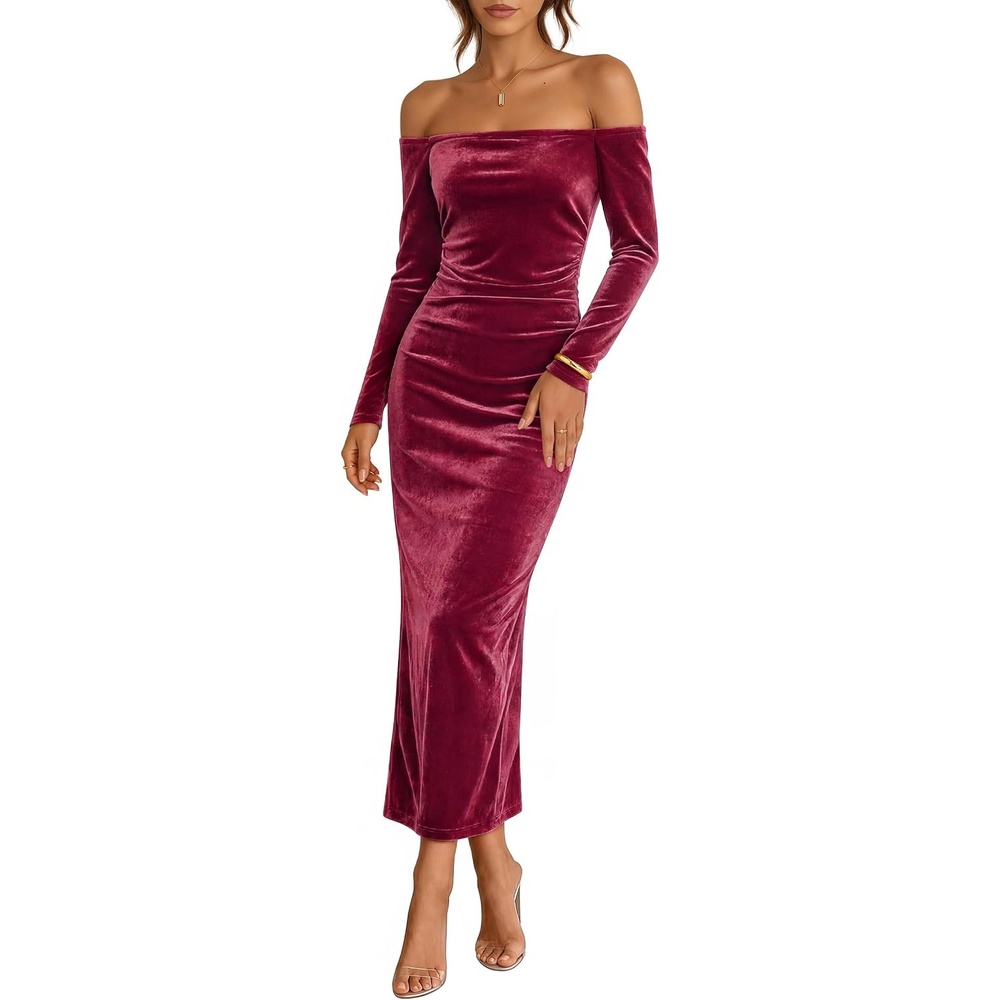 image:imageZESICA Womens Velvet Long Sleeve Off Shoulder Formal Bodycon Maxi DressBurgundy