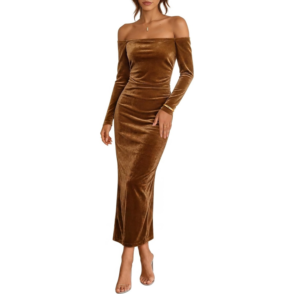 image:imageZESICA Womens Velvet Long Sleeve Off Shoulder Formal Bodycon Maxi DressGolden