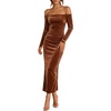 ZESICA Womens Velvet Long Sleeve Off Shoulder Formal Bodycon Maxi Dress(Brown)