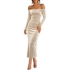 ZESICA Womens Velvet Long Sleeve Off Shoulder Formal Bodycon Maxi Dress(Champagne)