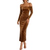ZESICA Womens Velvet Long Sleeve Off Shoulder Formal Bodycon Maxi Dress(Golden)