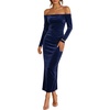ZESICA Womens Velvet Long Sleeve Off Shoulder Formal Bodycon Maxi Dress(Navy)