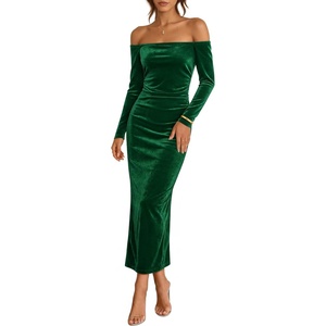 ZESICA Womens Velvet Long Sleeve Off Shoulder Formal Bodycon Maxi Dress(Green)