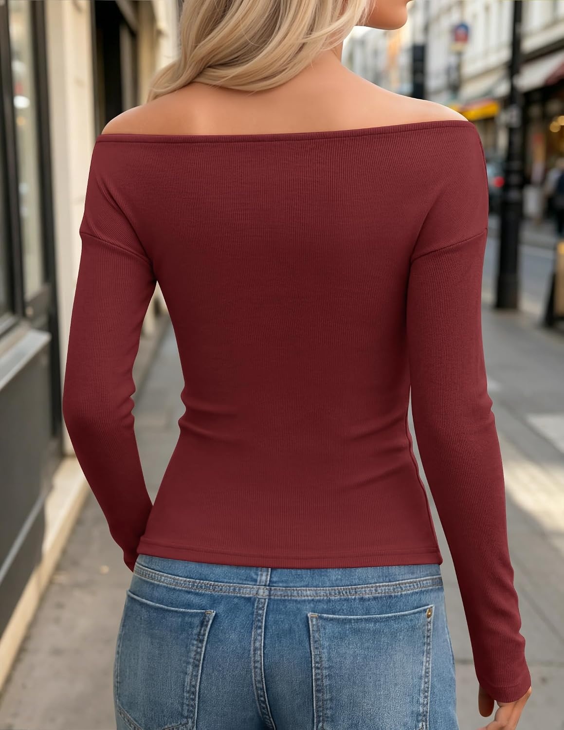 image:imageZESICA Womens 2026 Fall Long Sleeve Wrap Off Shoulder Y2K Going Out TopsBurgundy