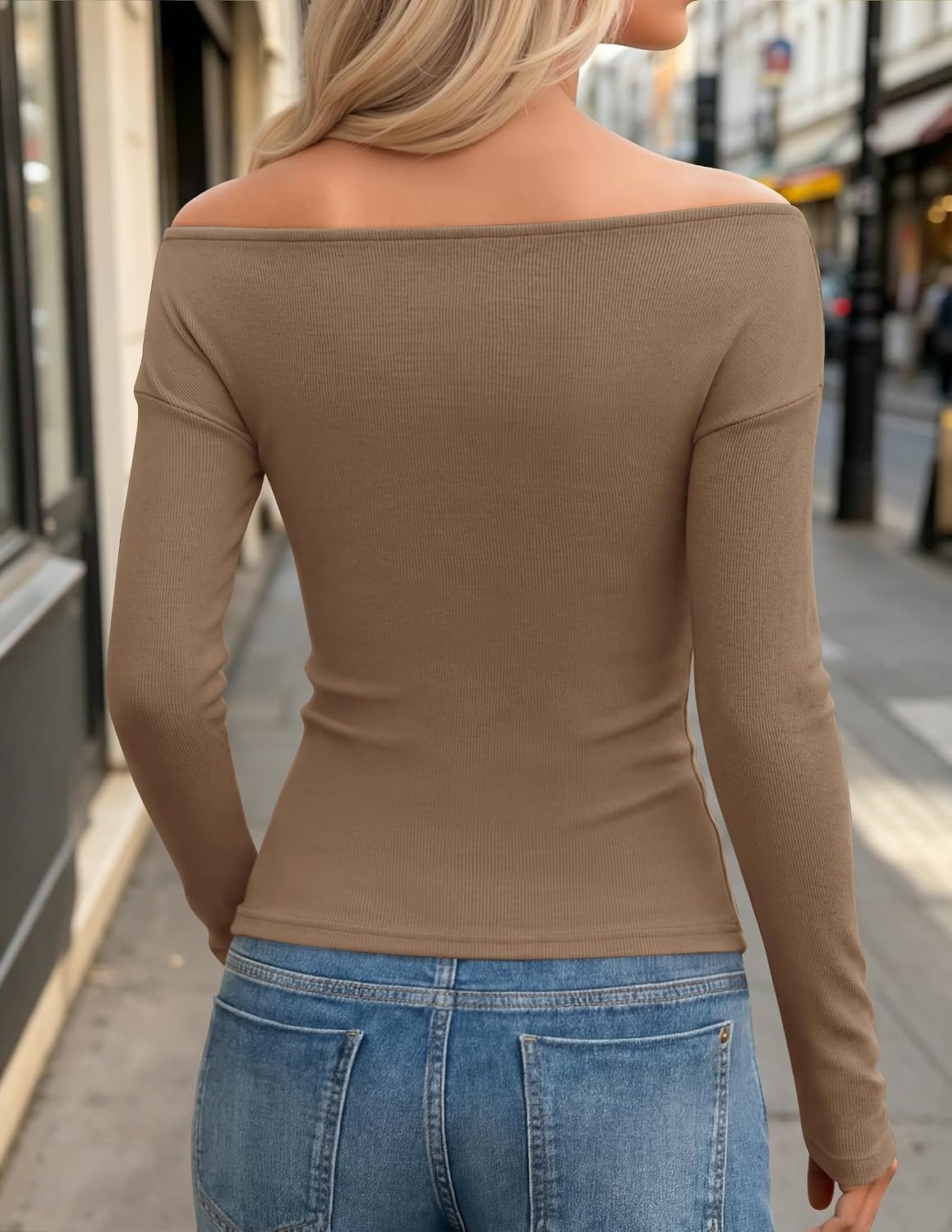 image:imageZESICA Womens 2026 Fall Long Sleeve Wrap Off Shoulder Y2K Going Out TopsLightbrown