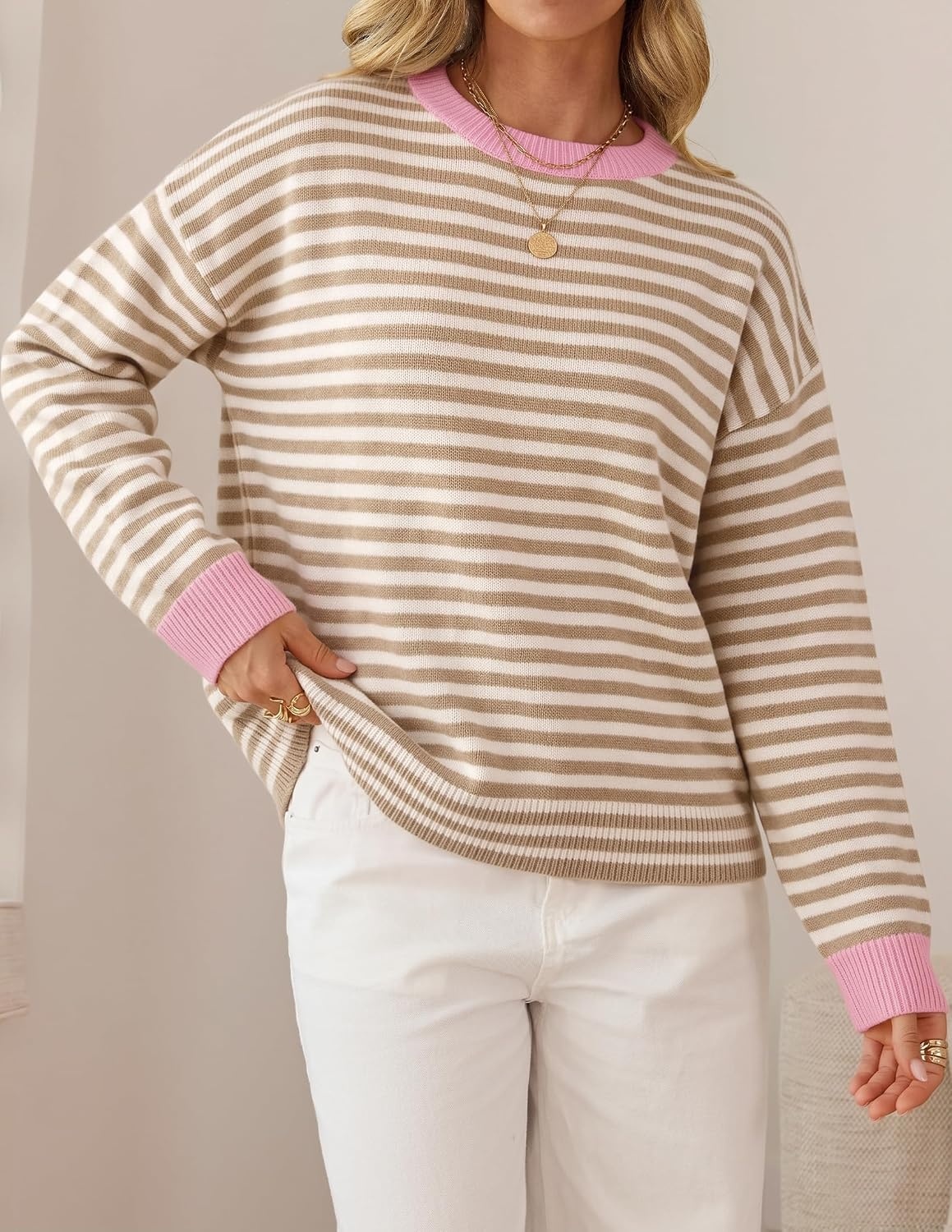 image:imageZESICA Womens Fall Bow Knot Oversized Sweaters Trendy Pullover TopsApricotstripe