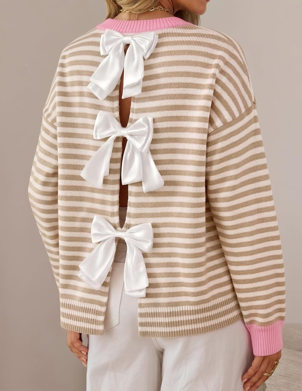 image:imageZESICA Womens Fall Bow Knot Oversized Sweaters Trendy Pullover TopsApricotstripe