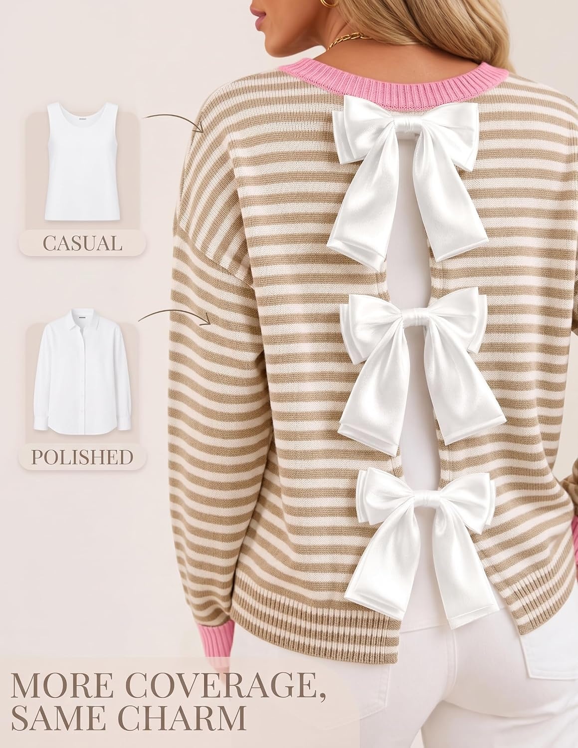 image:imageZESICA Womens Fall Bow Knot Oversized Sweaters Trendy Pullover TopsApricotstripe