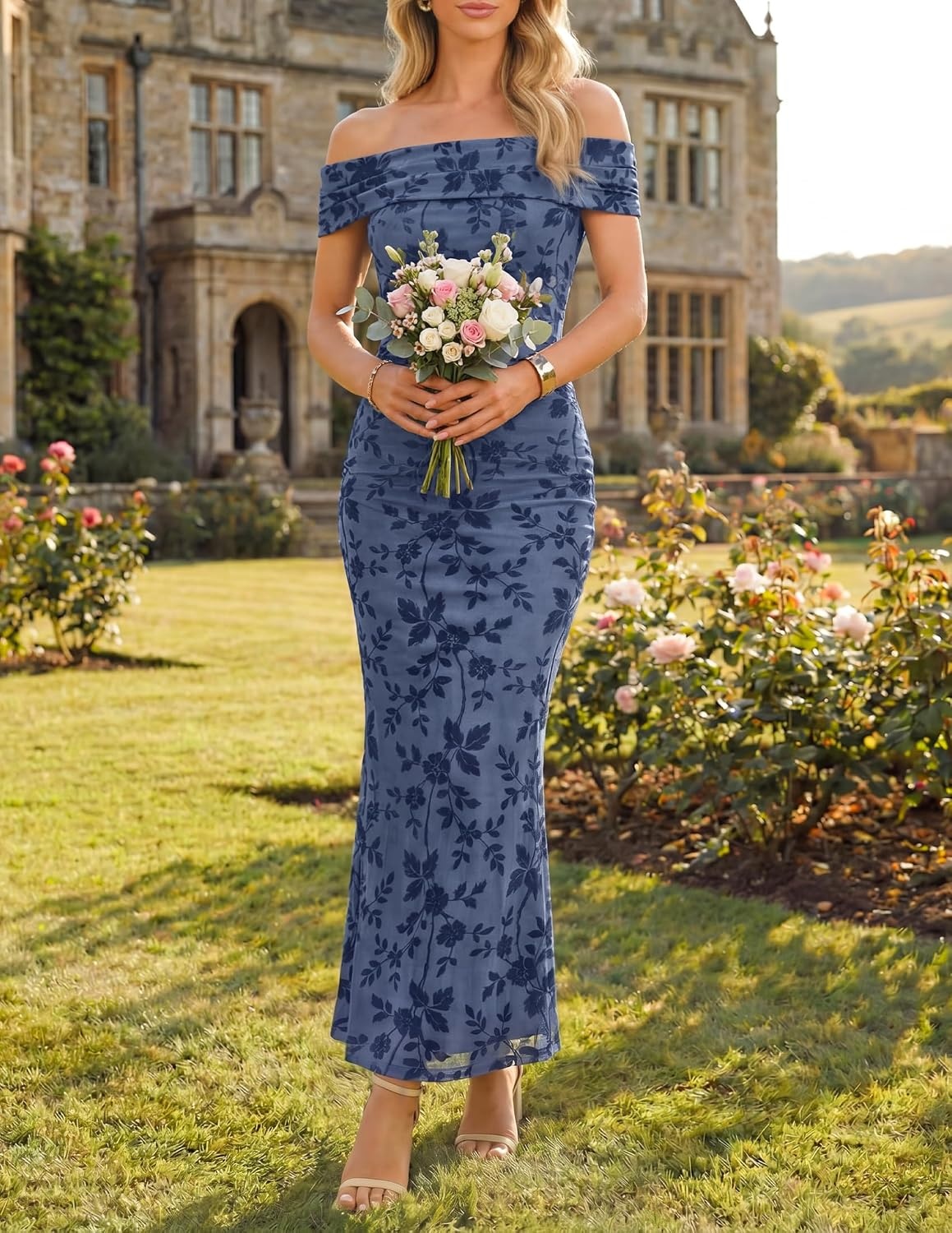 image:imageZESICA Womens Summer Off Shoulder Floral Bodycon Ruched Maxi Formal DressDusty Blue