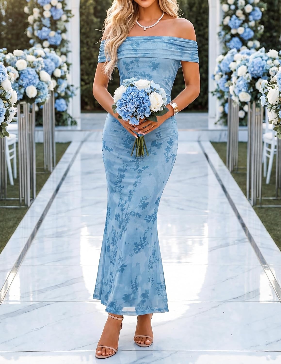 image:imageZESICA Womens Summer Off Shoulder Floral Bodycon Ruched Maxi Formal DressLight Blue