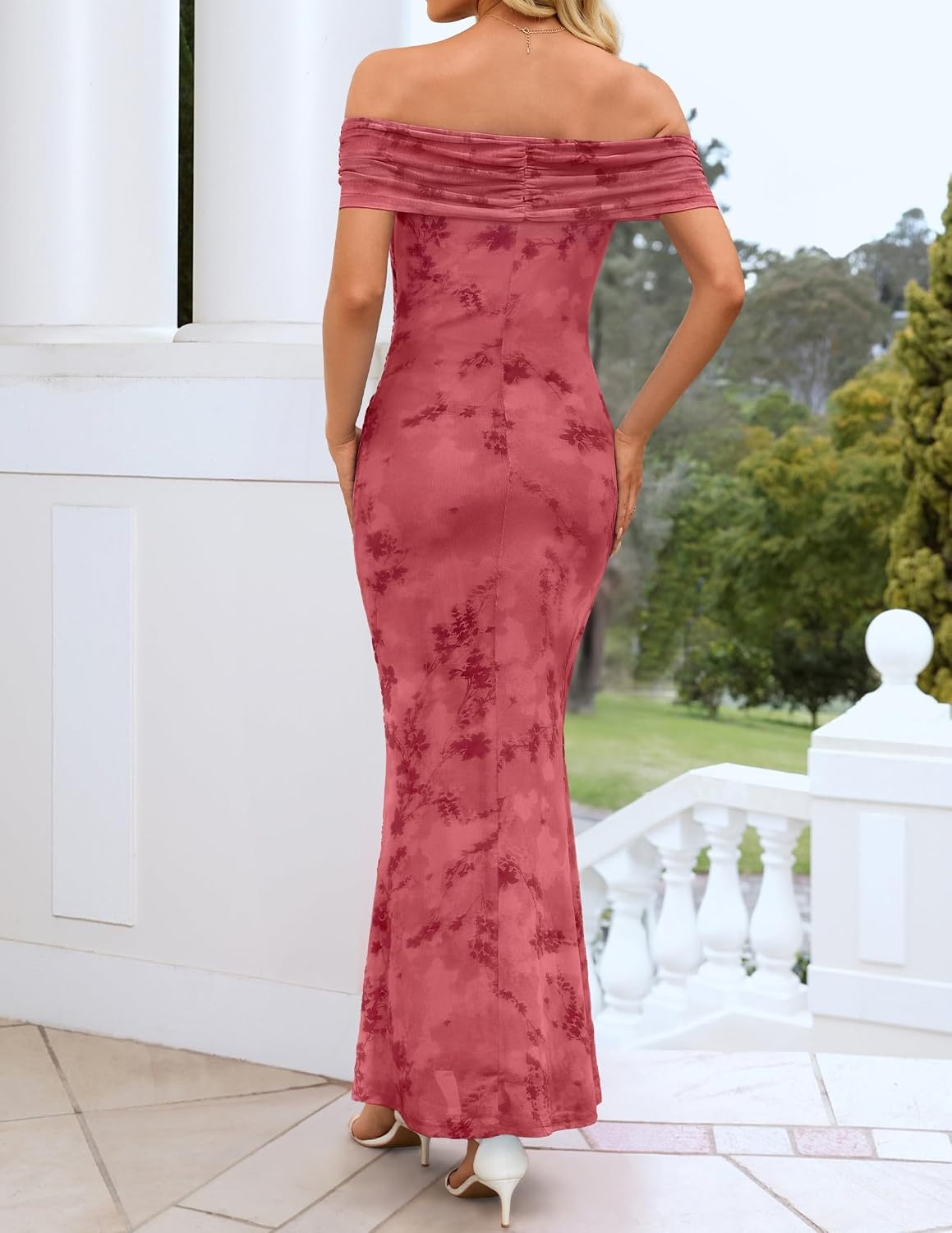 image:imageZESICA Womens Summer Off Shoulder Floral Bodycon Ruched Maxi Formal DressPink