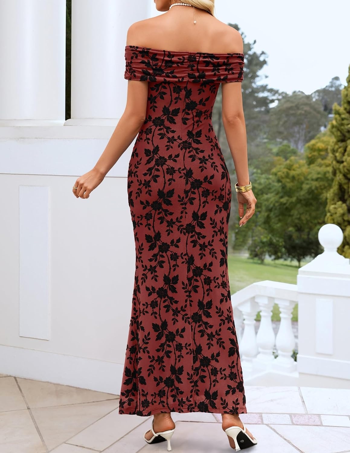 image:imageZESICA Womens Summer Off Shoulder Floral Bodycon Ruched Maxi Formal DressRust