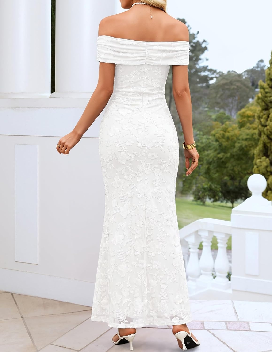 image:imageZESICA Womens Summer Off Shoulder Floral Bodycon Ruched Maxi Formal DressWhite