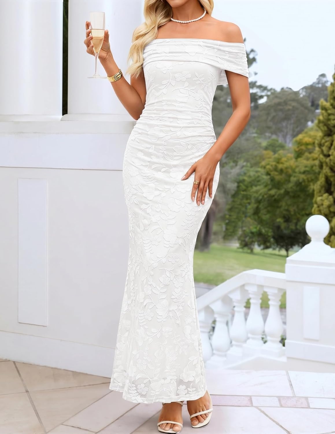 image:imageZESICA Womens Summer Off Shoulder Floral Bodycon Ruched Maxi Formal DressWhite
