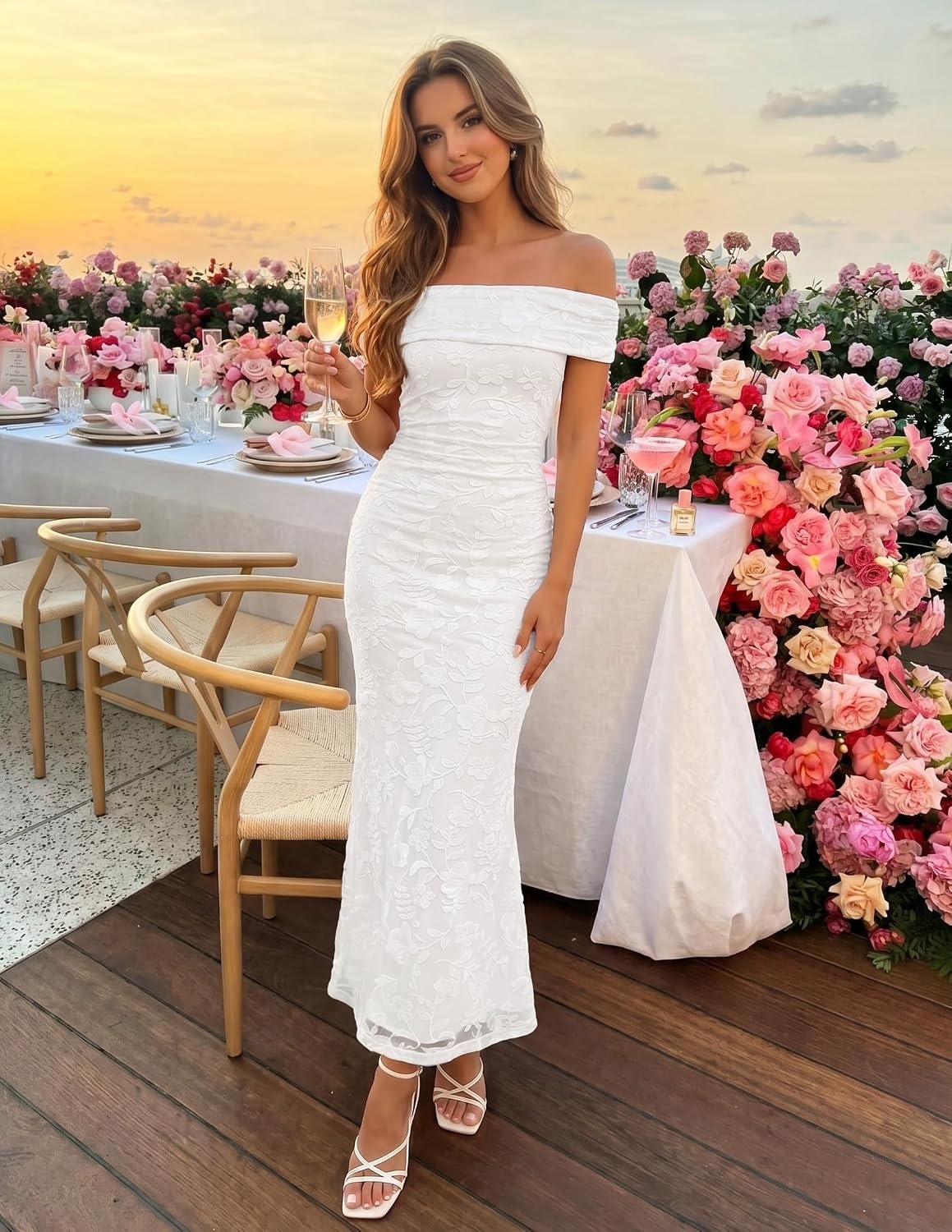 image:imageZESICA Womens Summer Off Shoulder Floral Bodycon Ruched Maxi Formal DressWhite