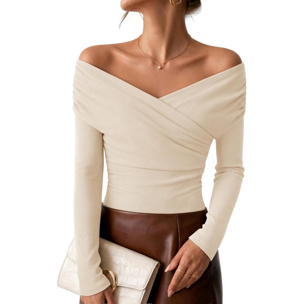 image:imageZESICA Womens 2026 Fall Long Sleeve Wrap Off Shoulder Y2K Going Out TopsApricot