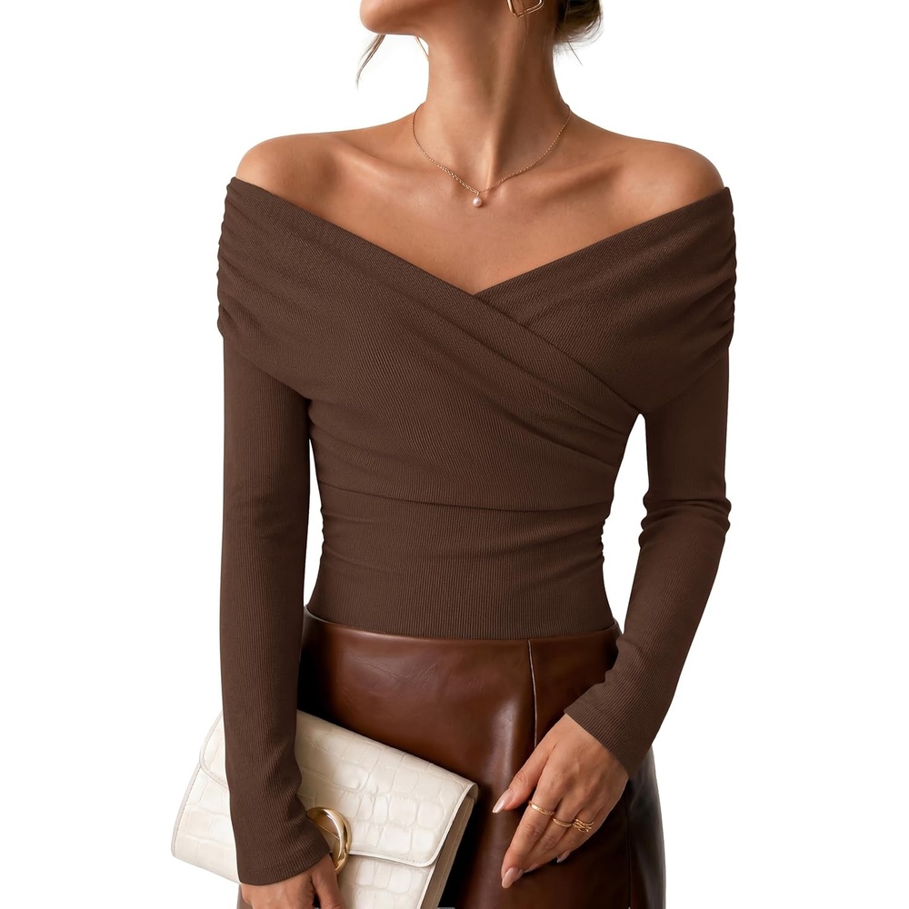image:imageZESICA Womens 2026 Fall Long Sleeve Wrap Off Shoulder Y2K Going Out TopsBrown
