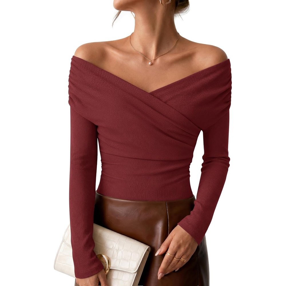image:imageZESICA Womens 2026 Fall Long Sleeve Wrap Off Shoulder Y2K Going Out TopsBurgundy