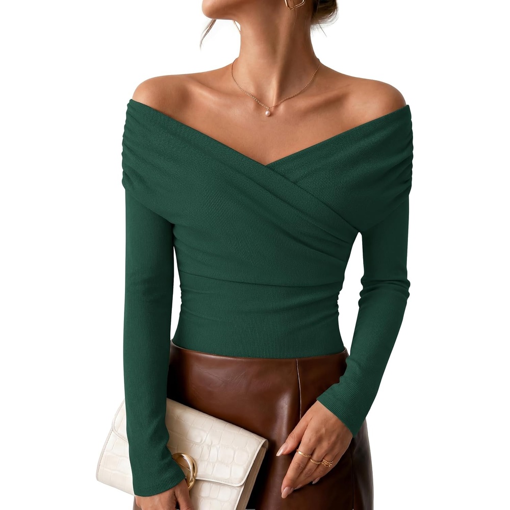 image:imageZESICA Womens 2026 Fall Long Sleeve Wrap Off Shoulder Y2K Going Out TopsDarkgreen