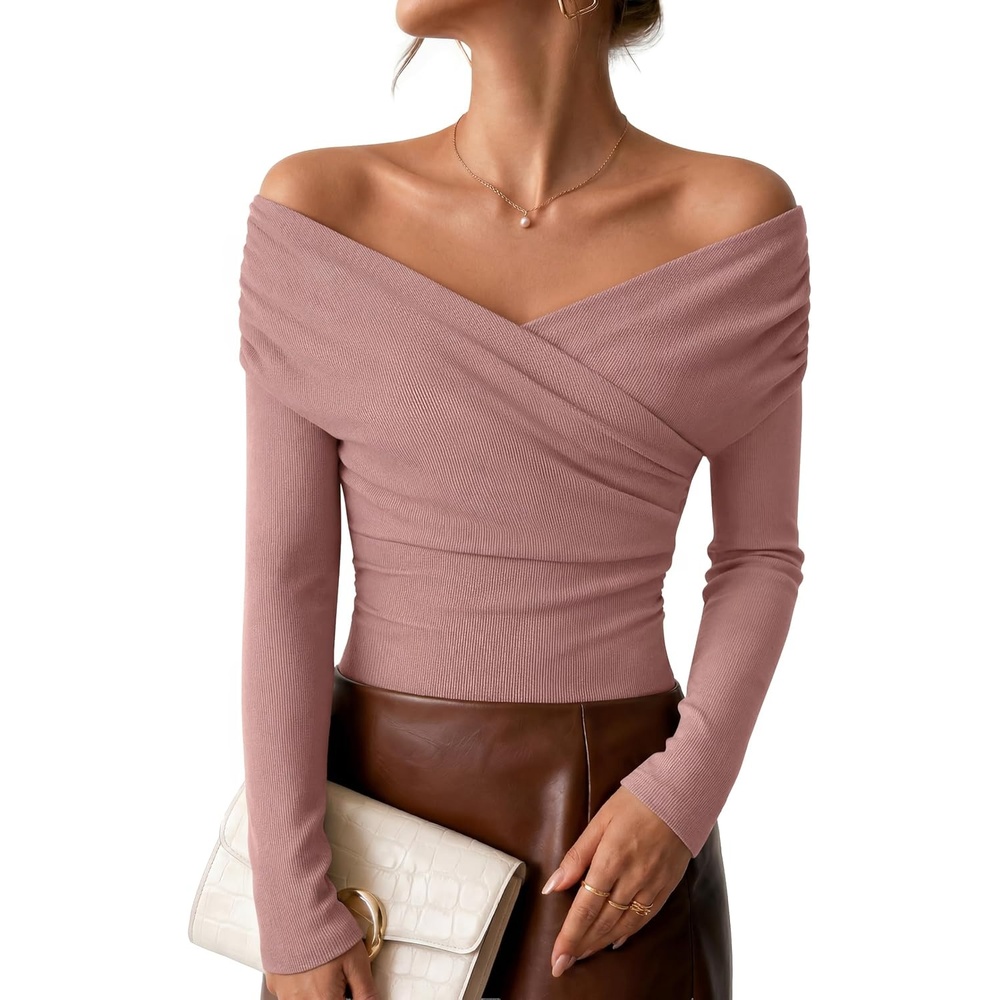 image:imageZESICA Womens 2026 Fall Long Sleeve Wrap Off Shoulder Y2K Going Out TopsDustypink