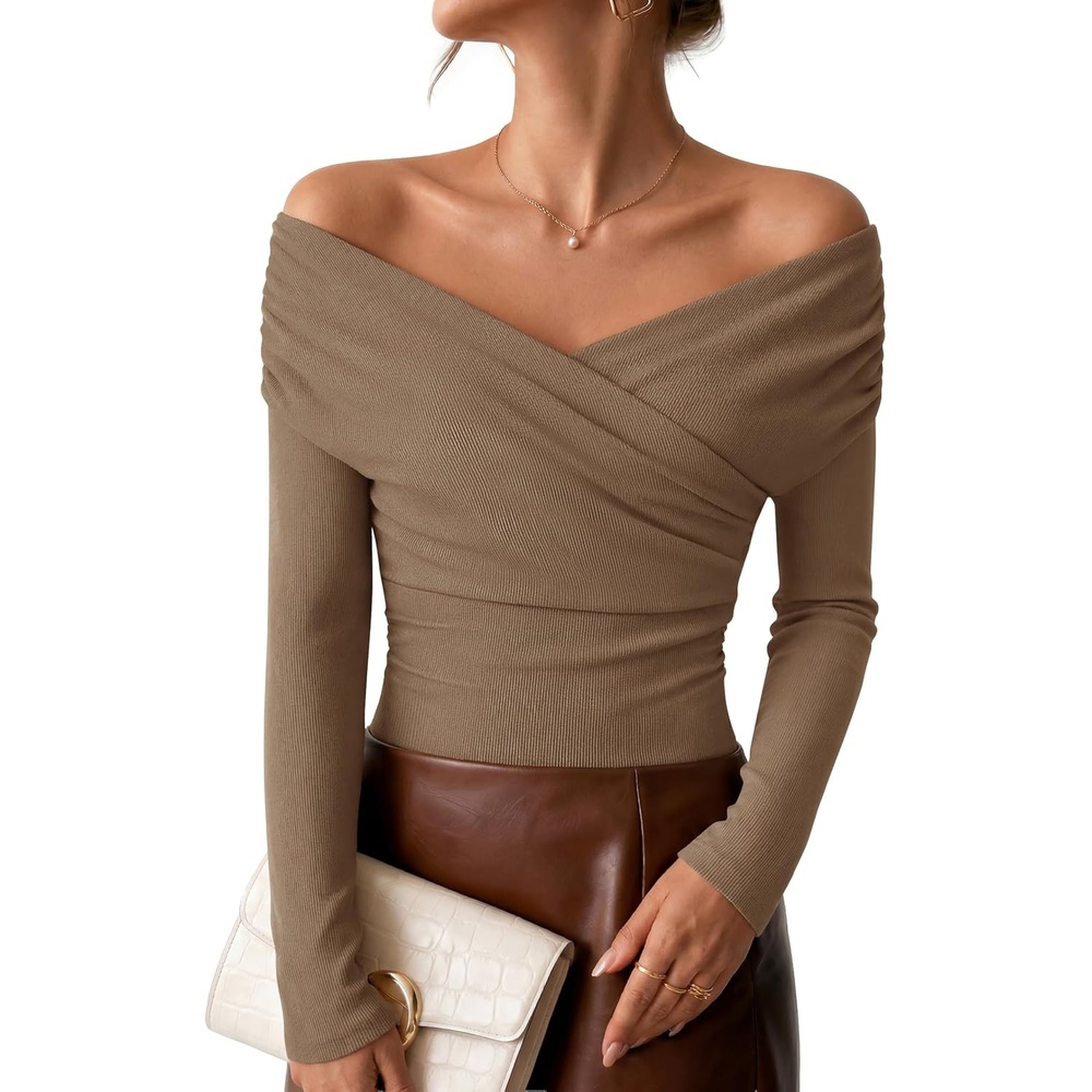 image:imageZESICA Womens 2026 Fall Long Sleeve Wrap Off Shoulder Y2K Going Out TopsLightbrown