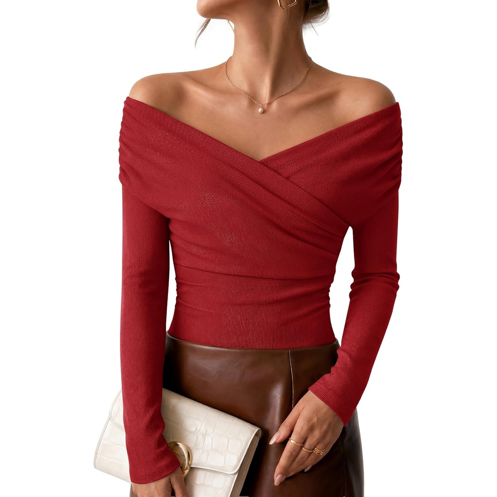 image:imageZESICA Womens 2026 Fall Long Sleeve Wrap Off Shoulder Y2K Going Out TopsRed