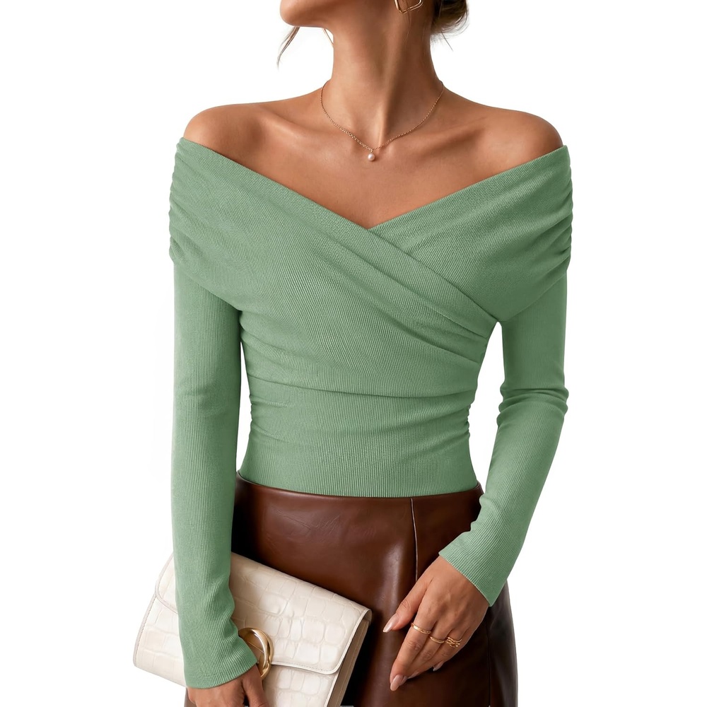 image:imageZESICA Womens 2026 Fall Long Sleeve Wrap Off Shoulder Y2K Going Out TopsSage