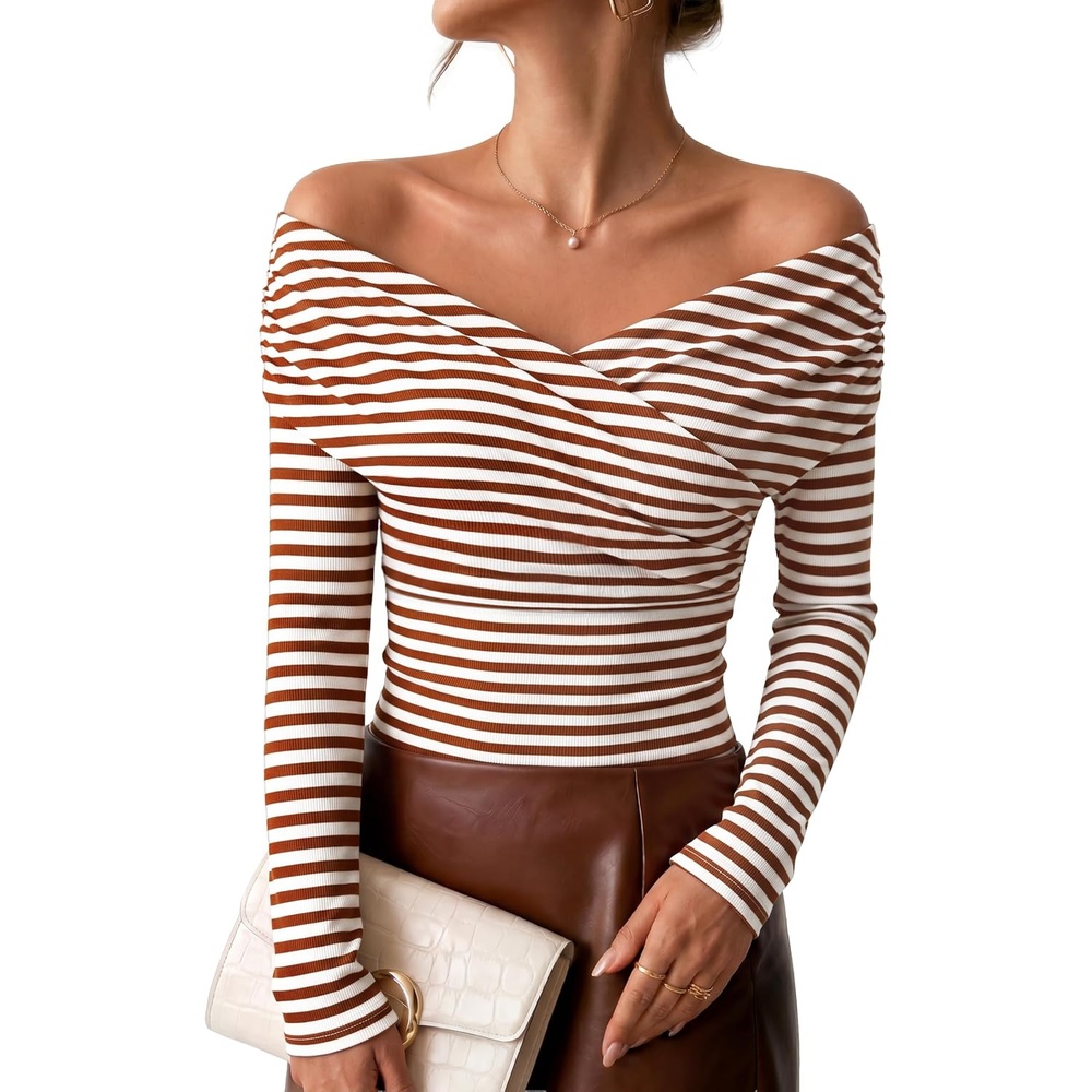 image:imageZESICA Womens 2026 Fall Long Sleeve Wrap Off Shoulder Y2K Going Out TopsStripebrown