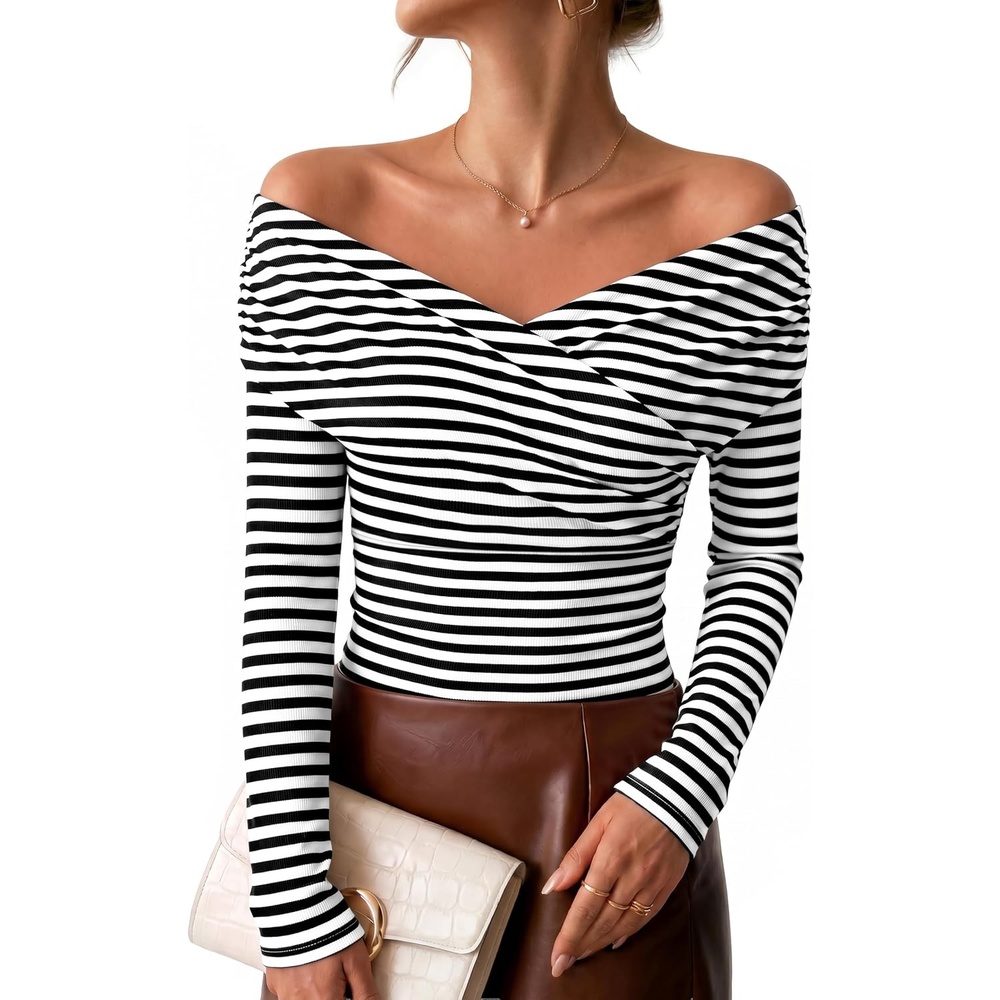 image:imageZESICA Womens 2026 Fall Long Sleeve Wrap Off Shoulder Y2K Going Out TopsStripedblack