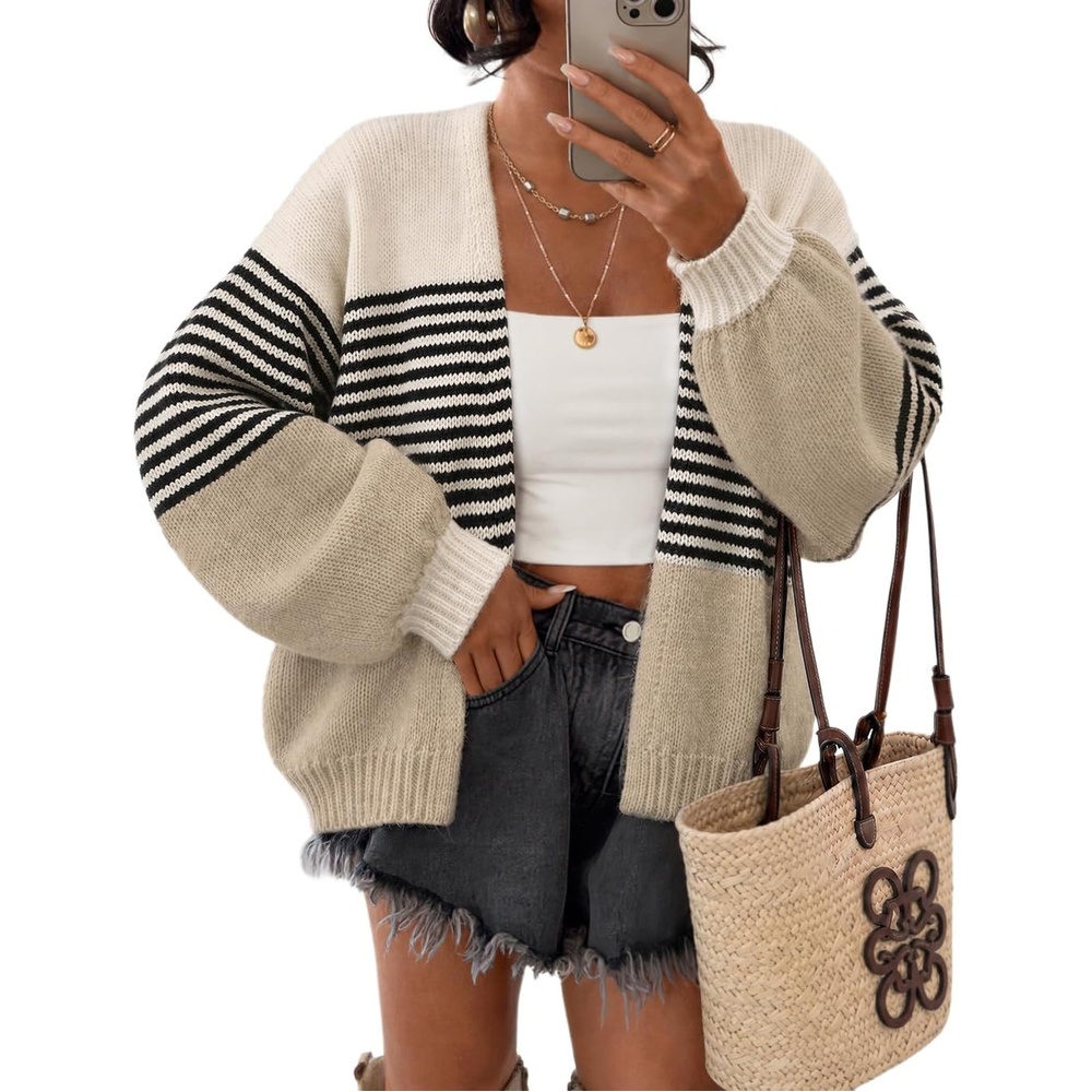 image:imageZESICA Womens Chunky Open Front Knit Cardigan SweatersBlack Stripe