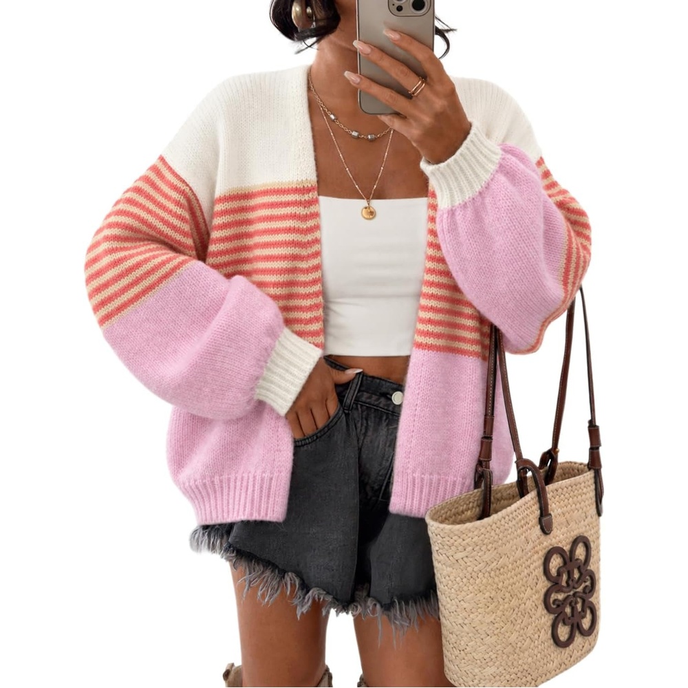 image:imageZESICA Womens Chunky Open Front Knit Cardigan SweatersPink Stripe