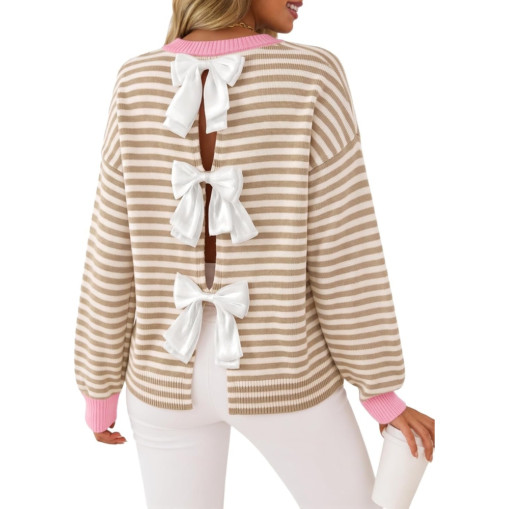 image:imageZESICA Womens Fall Bow Knot Oversized Sweaters Trendy Pullover TopsApricotstripe