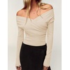 ZESICA Womens 2026 Fall Long Sleeve Wrap Off Shoulder Y2K Going Out Tops(Apricot)