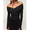 ZESICA Womens 2026 Fall Long Sleeve Wrap Off Shoulder Y2K Going Out Tops(Black)