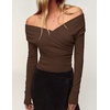 ZESICA Womens 2026 Fall Long Sleeve Wrap Off Shoulder Y2K Going Out Tops(Brown)