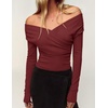 ZESICA Womens 2026 Fall Long Sleeve Wrap Off Shoulder Y2K Going Out Tops(Burgundy)