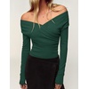 ZESICA Womens 2026 Fall Long Sleeve Wrap Off Shoulder Y2K Going Out Tops(Darkgreen)