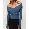 ZESICA Womens 2026 Fall Long Sleeve Wrap Off Shoulder Y2K Going Out Tops(Dustyblue)
