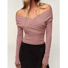 ZESICA Womens 2026 Fall Long Sleeve Wrap Off Shoulder Y2K Going Out Tops(Dustypink)