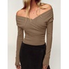 ZESICA Womens 2026 Fall Long Sleeve Wrap Off Shoulder Y2K Going Out Tops(Lightbrown)