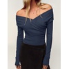 ZESICA Womens 2026 Fall Long Sleeve Wrap Off Shoulder Y2K Going Out Tops(Navy)