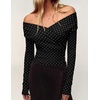 ZESICA Womens 2026 Fall Long Sleeve Wrap Off Shoulder Y2K Going Out Tops(Polkadotblack)
