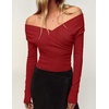 ZESICA Womens 2026 Fall Long Sleeve Wrap Off Shoulder Y2K Going Out Tops(Red)
