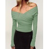 ZESICA Womens 2026 Fall Long Sleeve Wrap Off Shoulder Y2K Going Out Tops(Sage)